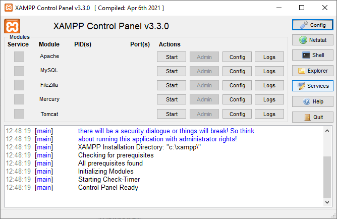 panel de control de xampp